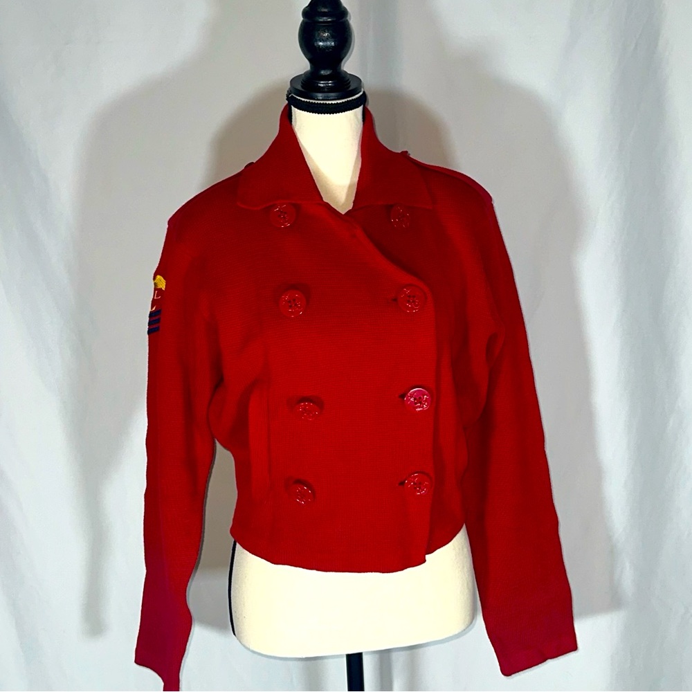 Ralph Lauren • 90s Vintage Double Breasted Blazer Red Nautical Embroidered Sz M